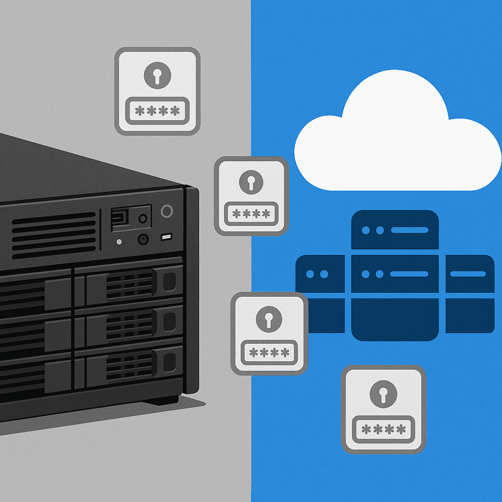 Server rack next to cloud icon, representing the choice between self-hosted and cloud password management