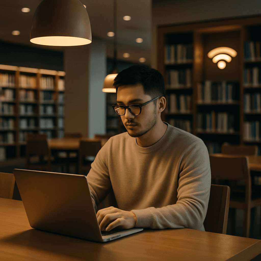 Library interior showing public WiFi access point and reading area
