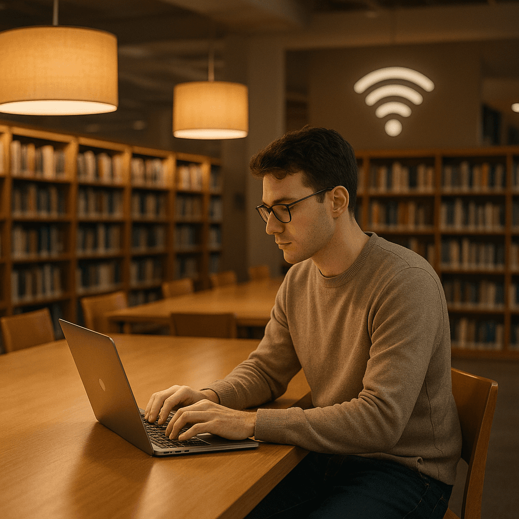 Person working on laptop at library table with books in background