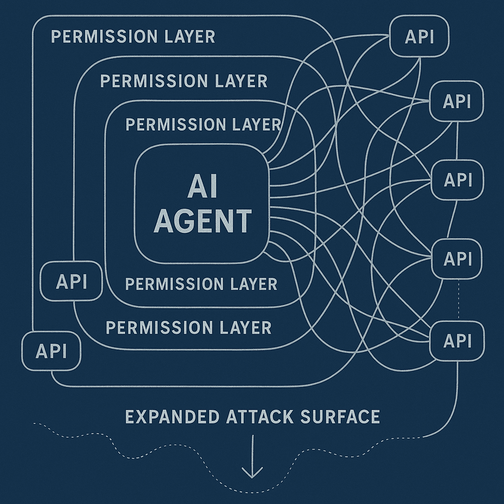 Abstract visualization of interconnected AI agent nodes with permission pathways extending outward