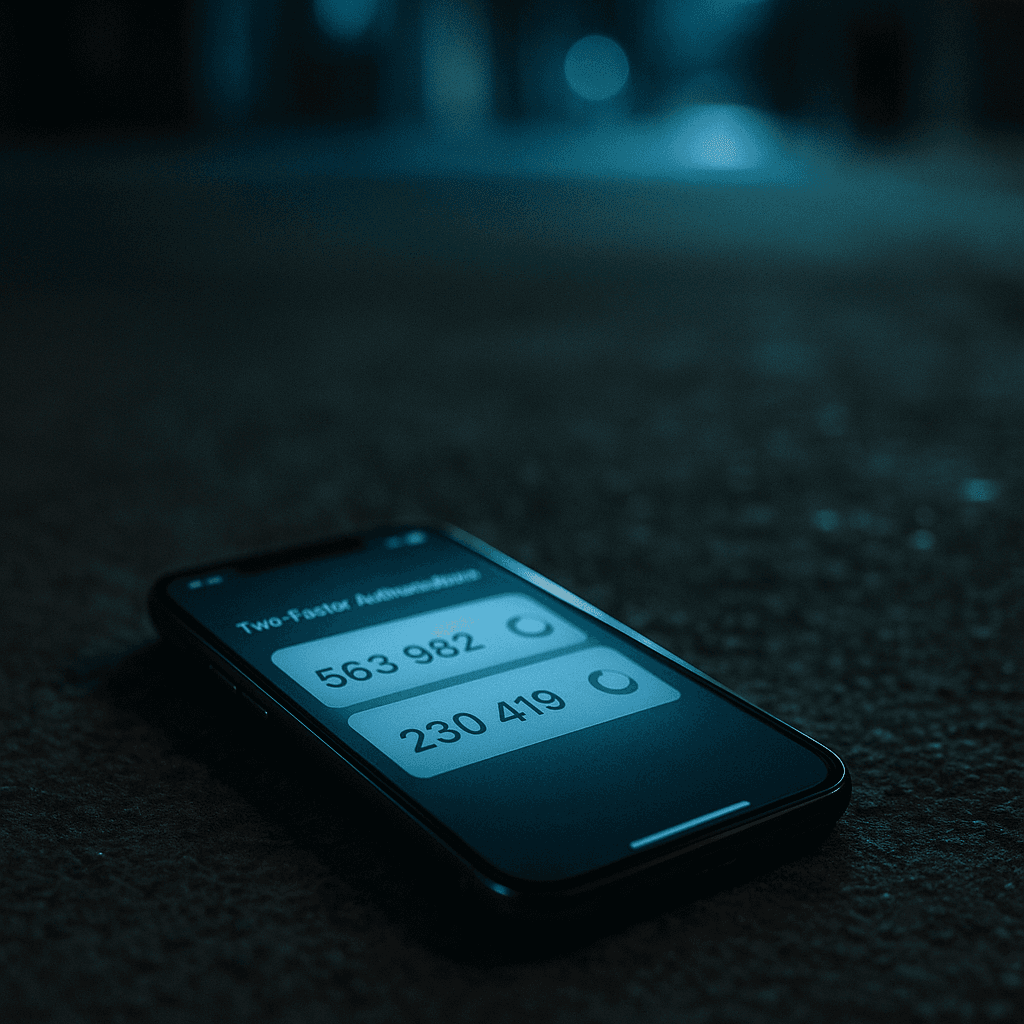 Phone displaying authenticator app codes lying face-down on pavement, symbolizing device loss and account recovery urgency