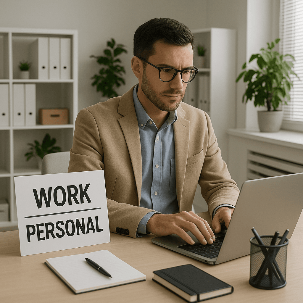 Professional workspace with clear separation between work and personal devices, documents organized with privacy in mind