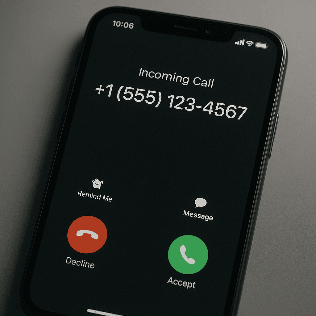 A phone screen with a declined call and the FTC reporting interface visible