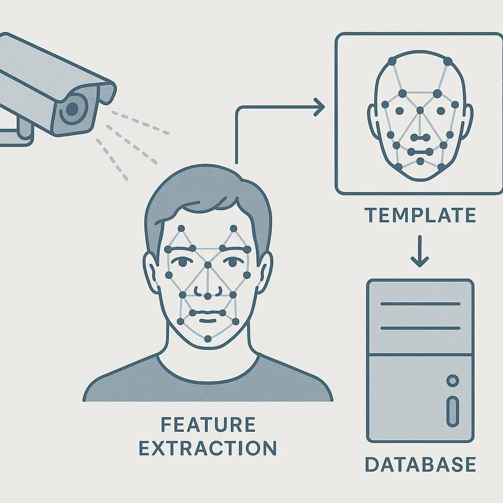 Abstract representation of facial feature points being mapped and transmitted across connected systems